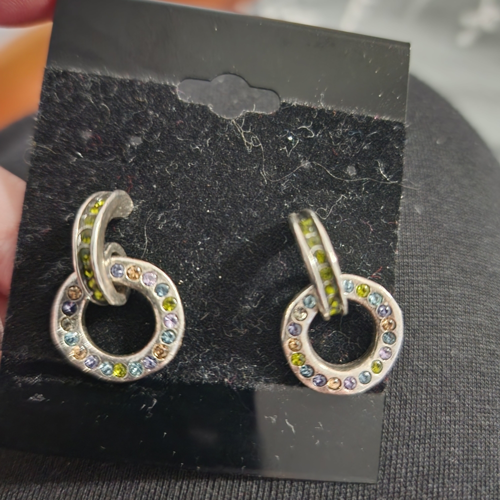 Silver Hoop Drop Earrings with Multicolor Crystals